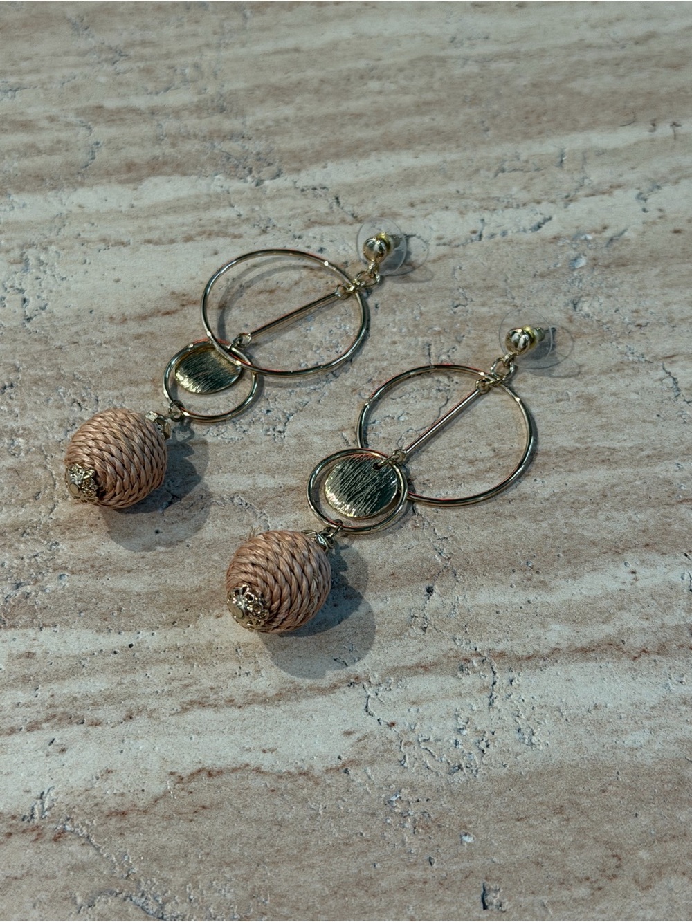 White House Black Market Gold Hoop Earrings with Woven Beige Drops